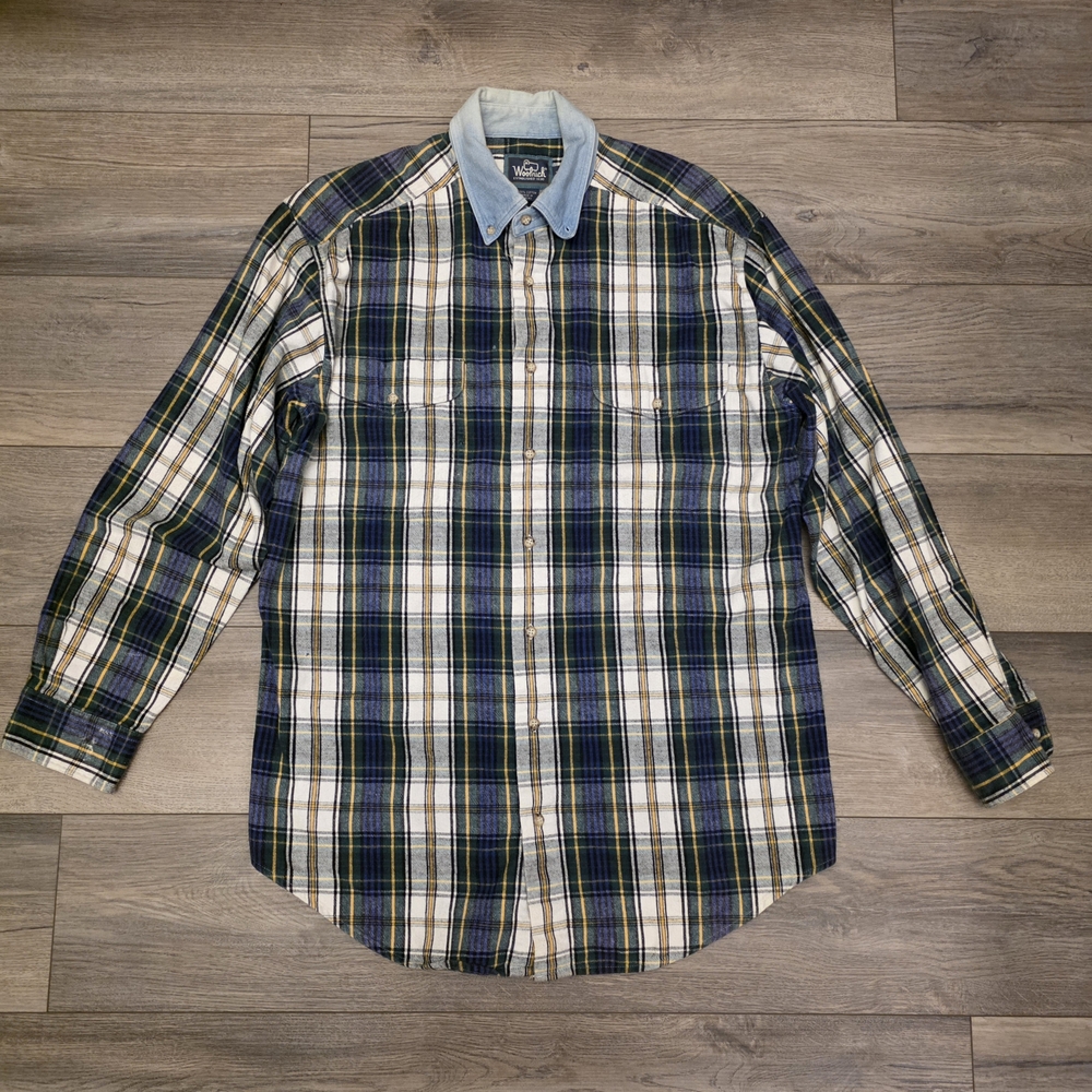 Vtg Woolrich Green Plaid Shirt with Light Blue Collar